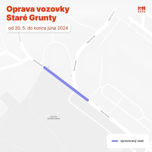👷‍♀️ Od 20.5.2024 začneme opravovať vozovku na Starých Gruntoch pri cintoríne Slávičie údolie