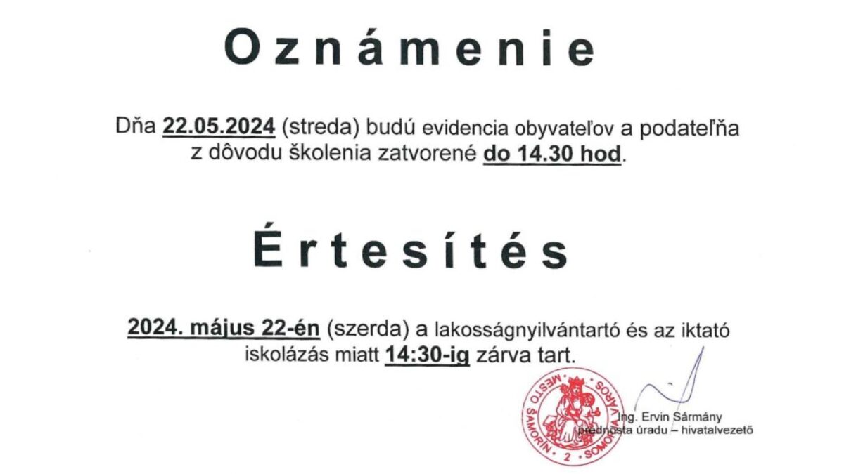 V stredu bude evidencia obyvateľov a podateľňa MsÚ zatvorená