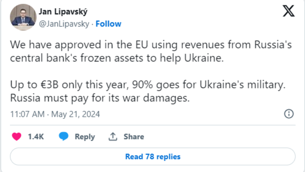 Európska únia použije zisky zo zmrazených ruských aktív na nákup zbraní pre Ukrajinu