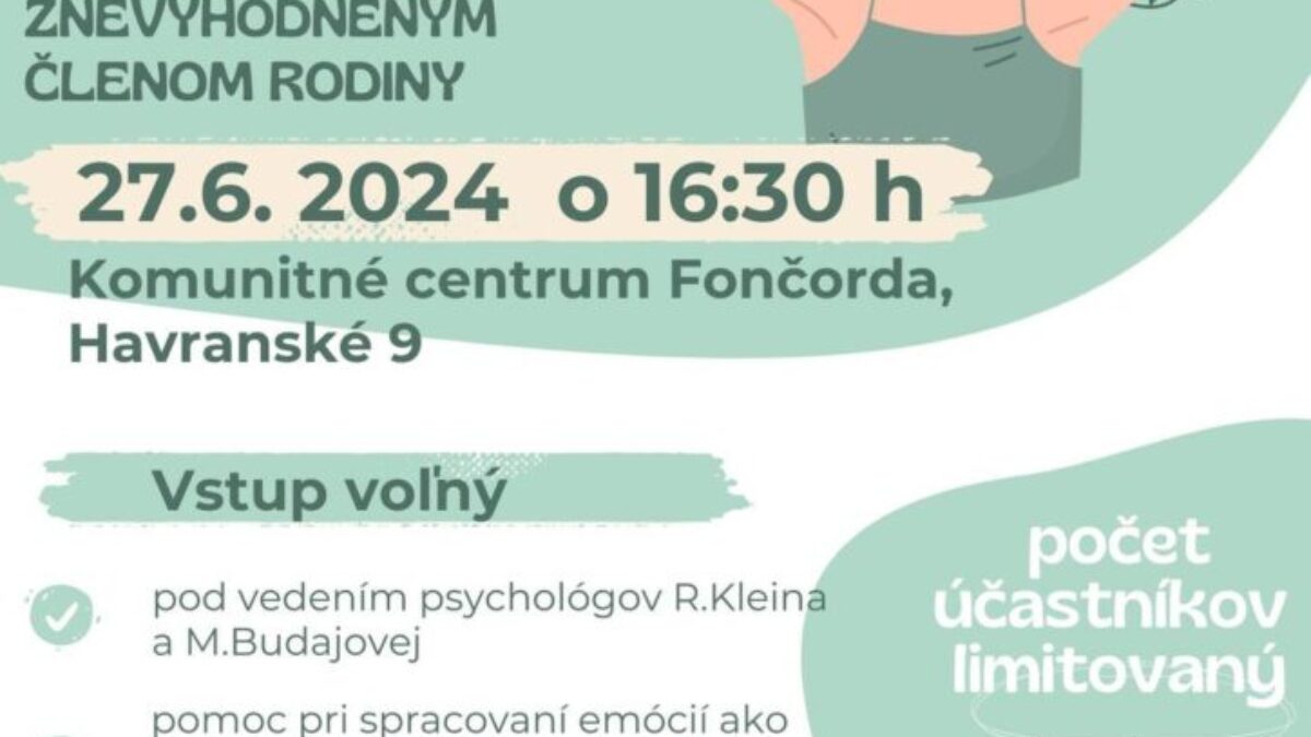 Banská Bystrica : ORGANIZUJEME WORKSHOP PRE OSOBY STARAJÚCE SA ČI OPATRUJÚCE PRÍBUZNÉHO SO ZDRAVOTNÝM ZNEVÝHODNENÍM

Bezplatný workshop bude zameraný na pomoc pri spracovaní …