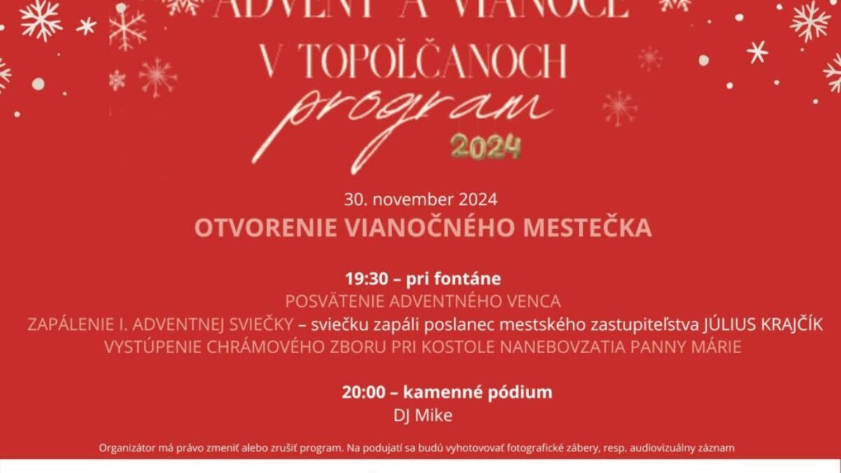 Topoľčany: Adventný veniec je na svojom mieste, a tento víkend spolu s Júliusom Krajčíkom rozžiarime aj prvú adventnú sviecu. 

Buďte pri tom a okrem vianočného punču …