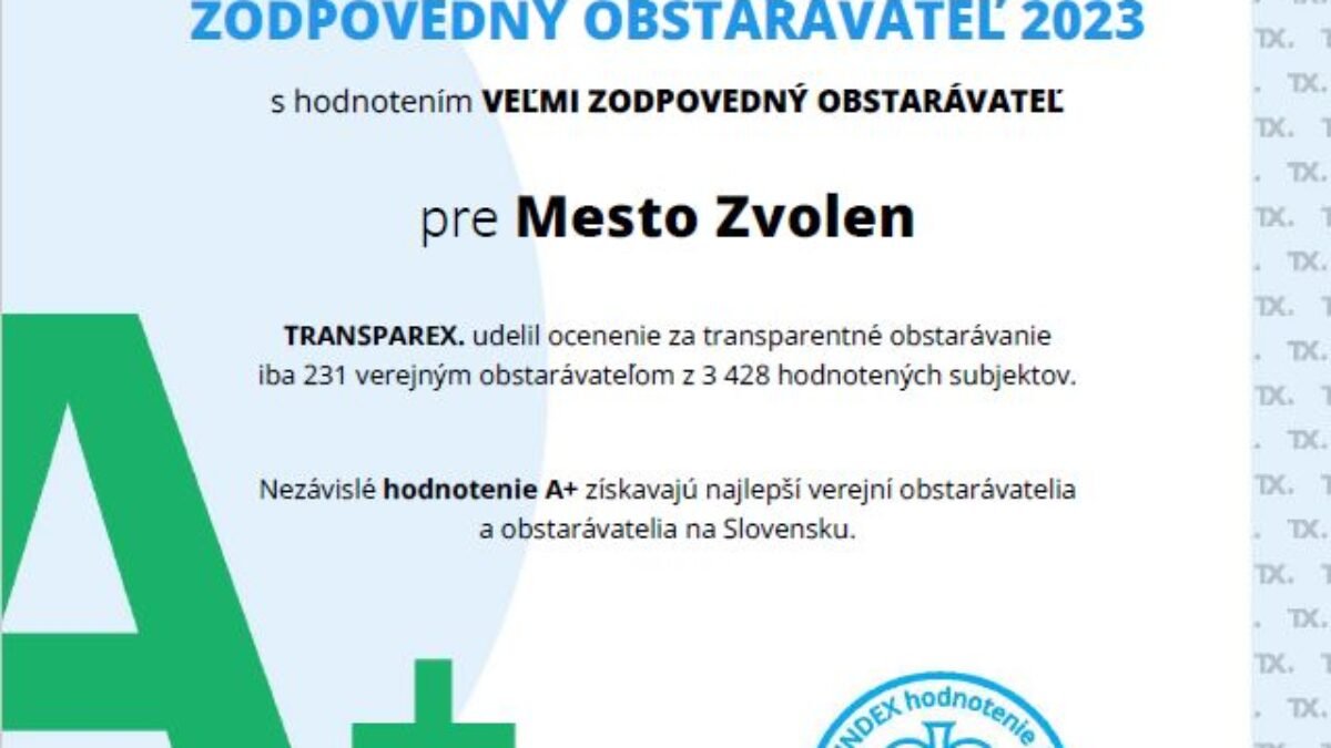 Zvolen: ZÍSKALI SME OCENENIE ZODPOVEDNÝ VEREJNÝ OBSTARÁVATEĽ ZA ROK 2023 

 Portál TRANSPAREX udelil mestu Zvolen ocenenie Zodpovedný obstarávateľ 2023 za výsledky …