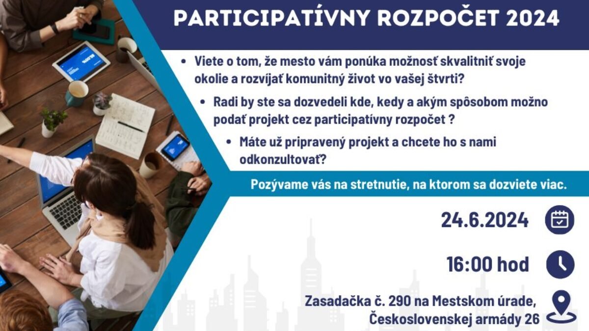 Banská Bystrica : POZÝVAME VÁS NA POSLEDNÉ INFORMAČNO-KONZULTAČNÉ STRETNUTIE V RÁMCI PARTICIPATÍVNEHO ROZPOČTU

 Sériu diskusií v jednotlivých mestských častiach sme odštarto…