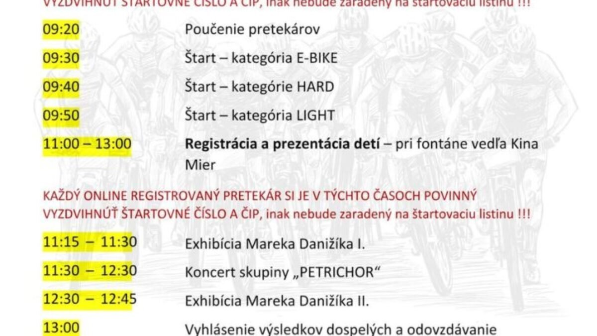 Považská Bystrica: Už zajtra 
 Harmonogram pretekov – Finále Považská Bystrica – sobota 22.6.2024 ONLINE registrovaní pretekári – vyzdvihnutie štartovného čísla a čipu v rámci…