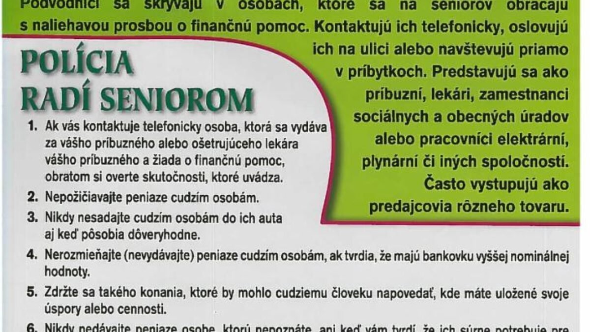 Seniori, pozor: Chráňte sa pred zlodejmi a podvodníkmi