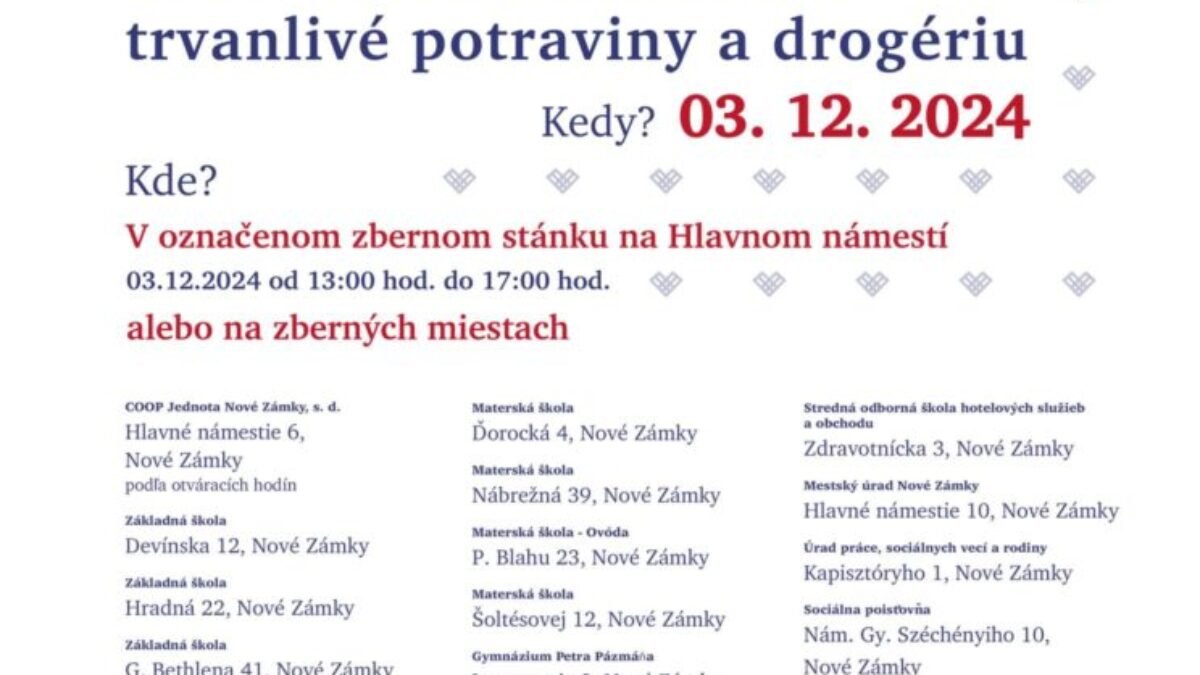 Nové Zámky: Giving Tuesday opäť aj v Nových Zámkoch!
Darujte núdznym Novozámčanom trvanlivé potraviny a drogériu dňa 3. decembra 2024 v označenom zbernom stánku na Hla…