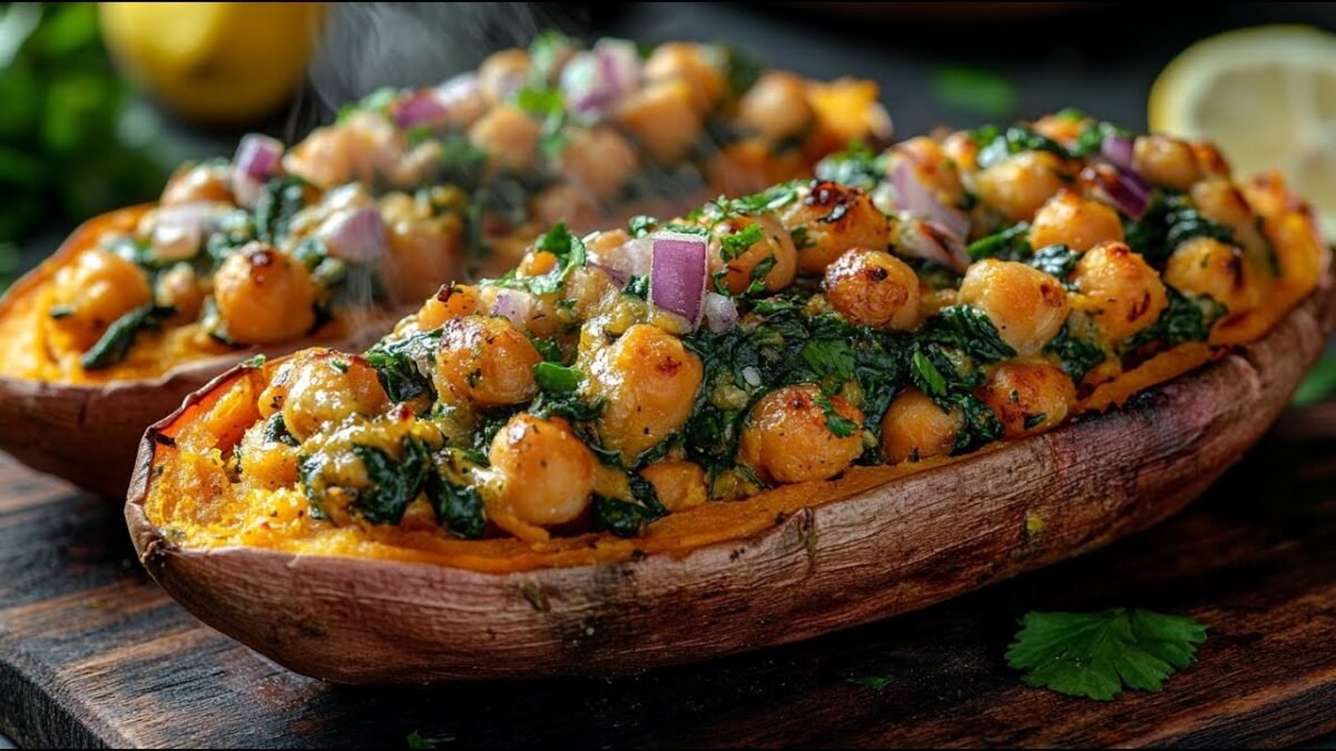 Vegan plnené sladké zemiaky s cícerom a omáčkou z vlašských orechov a bylín