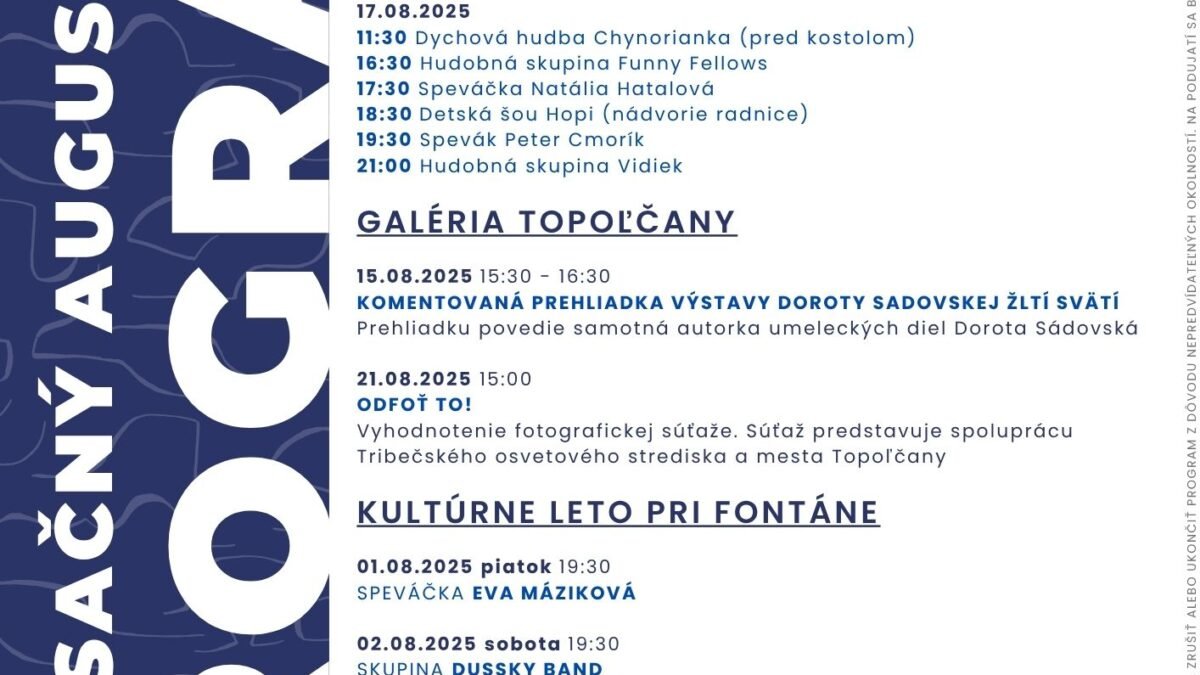 Kultúra Topoľčany: Mesto Topoľčany Vás pozýva na bohatý kultúrny program, ktorý sme pre Vás pripravili aj počas mesiaca august !