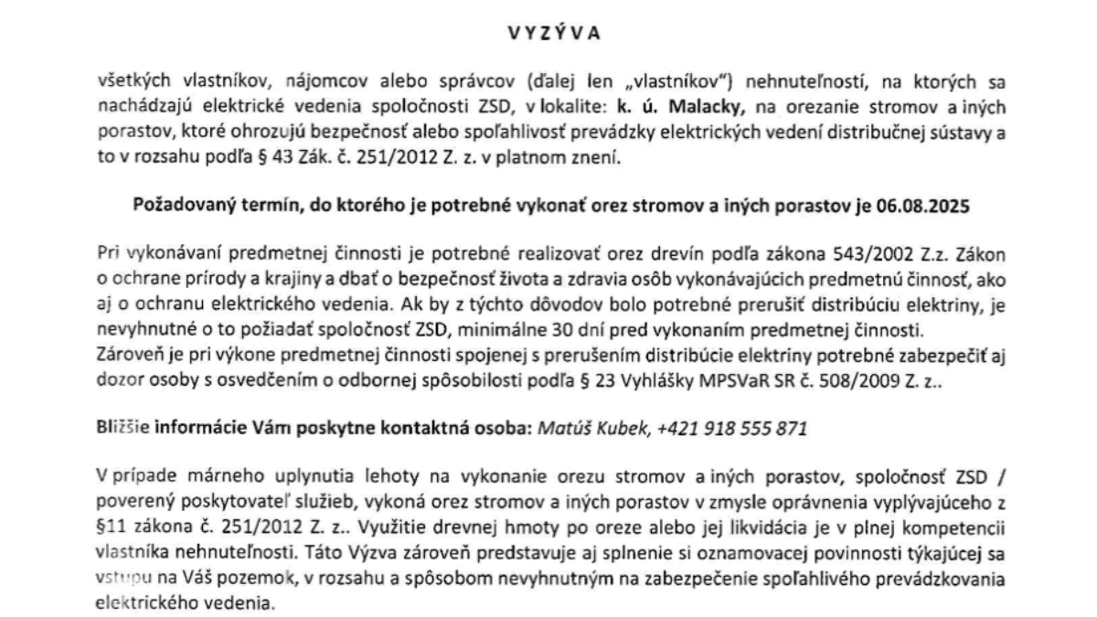 BSK: Západoslovenská distribučná vyzýva majiteľov, nájomcov a správcov nehnuteľností v Malackách na orez drevín