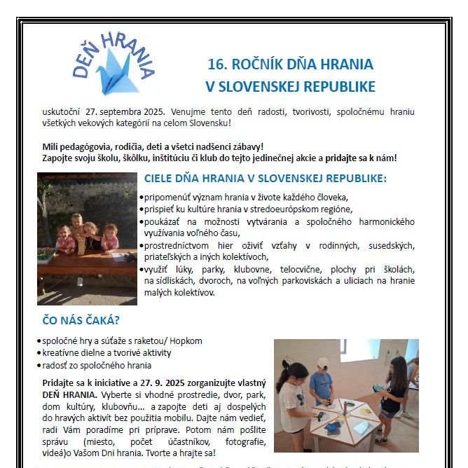 Hrad Modrý Kameň: 16. ročník Dňa hrania v Slovenskej republike sa uskutoční 27. septembra 2025. Venujme tento deň radosti, tvorivosti, spoločnému hraniu všetkých vekových kategórií na celom Slovensku!