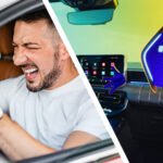 A man in a car getting angry next to a mock-up of a happy AI assistant in a car