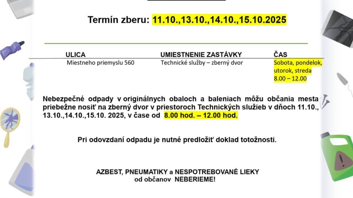 Mesto Námestovo: OZNAM PRE OBČANOV – ZBER NEBEZPEČNÉHO ODPADU!