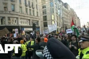 Tisíce demonštrantov pochodujú v Londýne na podporu Palestíny. Tisíce demonštrantov pochodujú v Londýne na podporu Palestíny.