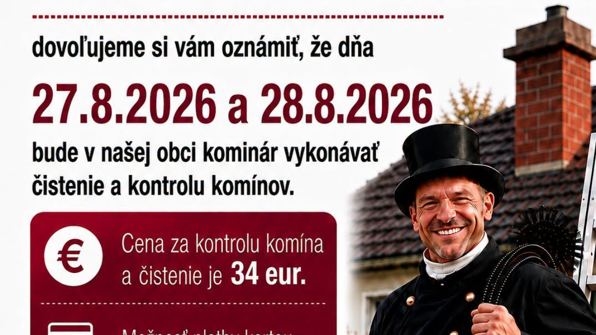 Mesto Krásno nad Kysucou: Vážení občania, dovoľujeme si vám oznámiť, že dňa 27.08.2026 a 28.08.2026 bude v našom meste kominár vykonávať čistenie a kontrolu komínov. Cena za kontrolu a čistenie komína je 34 eur. Pre dohodnutie